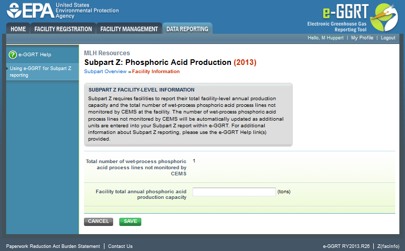 Subpart Z: Step 1 - Click open under facility reporting information to Add or Update Summary Information for this Facility